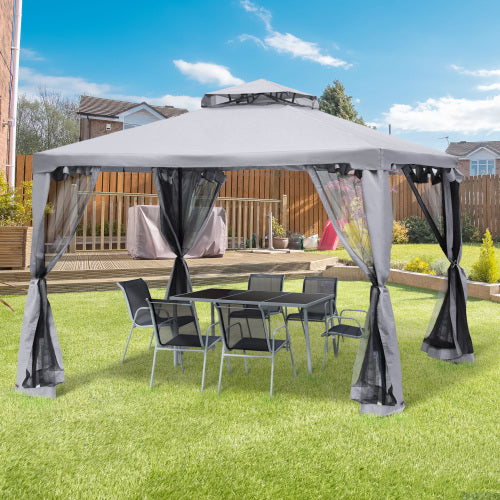 Outsunny 9.6' x 9.6' Patio Gazebo, Outdoor Canopy Shelter with 2-Tier Roof and Netting, Steel Frame for Garden, Lawn, Backyard, and Deck, Gray