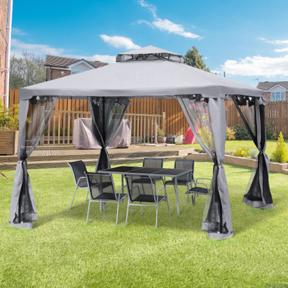 Outsunny 9.6' x 9.6' Patio Gazebo, Outdoor Canopy Shelter with 2-Tier Roof and Netting, Steel Frame for Garden, Lawn, Backyard, and Deck, Gray