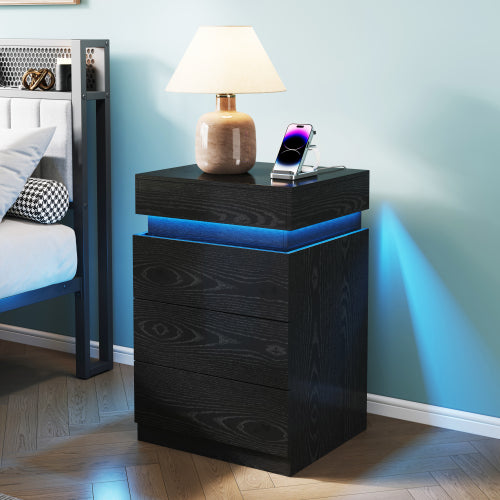 Modern Nightstand with LED Lighting and Charging Station, 3 Drawers