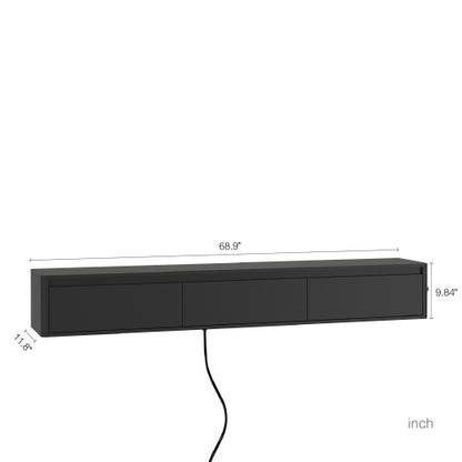Black Floating Wall Mount High Gloss TV Cabinet with Touch LED Light Strip & Built-in Power Outlet