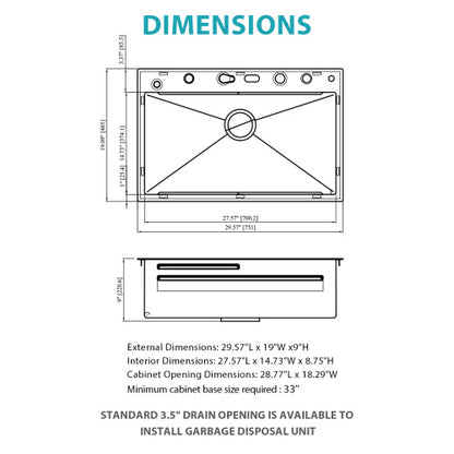 30" Kitchen Sink Waterfall Sink - 30 x 19 x 9 inch Multifunction Single Bowl 16 Gauge Stainless Steel Ledge Workstation Smart Digital Features Top Mount Kitchen Sinks