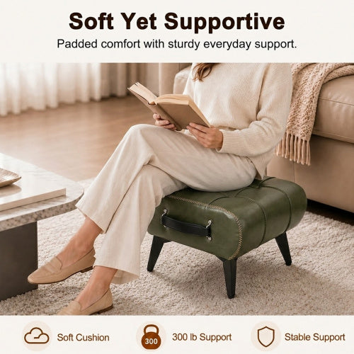 Tufted Faux Leather Rectangular Storage Ottoman with Handle, Metal Leg Multiuse Foot Stool for Entryway Apartment
