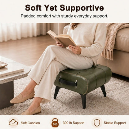 Tufted Faux Leather Rectangular Storage Ottoman with Handle, Metal Leg Multiuse Foot Stool for Entryway Apartment