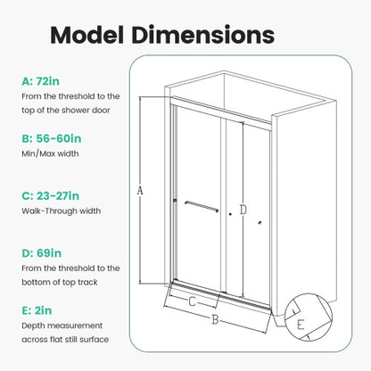 56"-60"W*72" H Semi-Frameless Double Sliding Shower Door, Bypass Shower Door, 1/4" (6mm) Thick SGCC Tempered Glass Door, Chrome