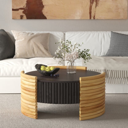 31.5inch  Round Flip-Top Coffee Table, Colorblock Striped MDF with Wood Veneer