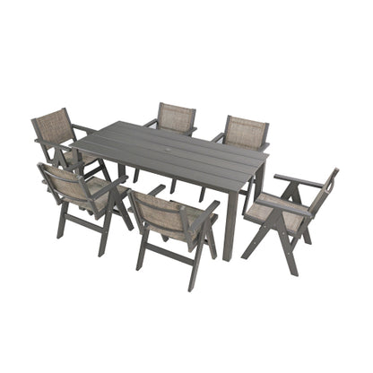 A wooden-textured imitation wood dining table, simple yet with a high quality feel. It has a small tabletop and is perfect for outdoor picnics. Charcoal gray, 68.9 inches.