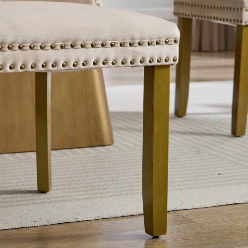 Mid-Century Modern Velvet Dining Chairs Set of 2 with Lion Head Pull Ring, Tufted Upholstered Chair, Beige