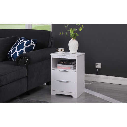 White Wooden Nightstand with Charging Station, 2 Drawers & Open Shelf Modern Side Table