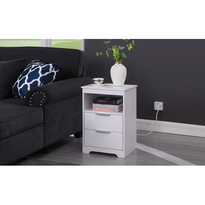 White Wooden Nightstand with Charging Station, 2 Drawers & Open Shelf Modern Side Table