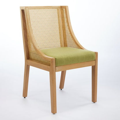 Single Olive Green Rustic Solid Wood Arm Rattan Dining Chair, Natural Finish Linen Upholstered Side Accent Chair