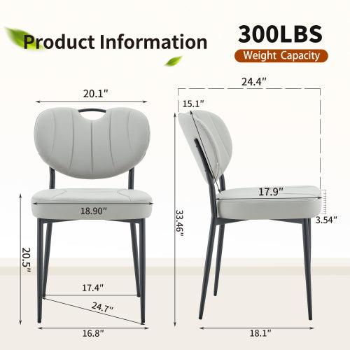 Set of 2 Gray Premium Leather Dining Chairs, Spray Coated Metal Legs with Top Handle & Adjustable Feet