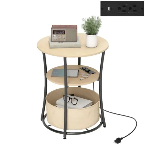 Round Side Table with Charging Station 3 Tier Storage Fabric Bag