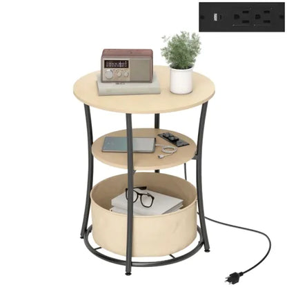 Round Side Table with Charging Station 3 Tier Storage Fabric Bag