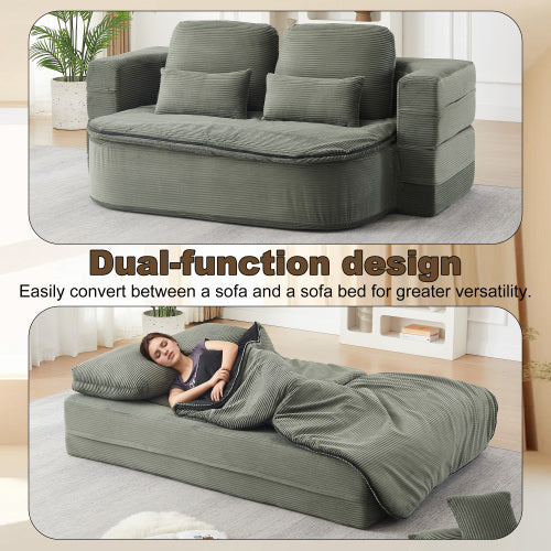 75 inch  Corduroy Convertible Floor Sofa Bed with Built-in Blanket & 4 Pillows