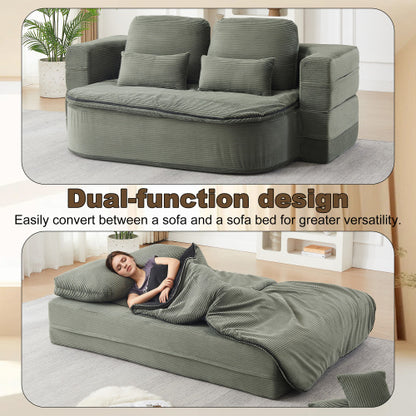 75 inch  Corduroy Convertible Floor Sofa Bed with Built-in Blanket & 4 Pillows