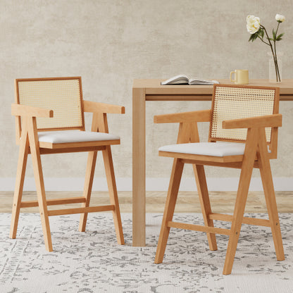 27inch Height, Cream Woven Cane Plastic Backrest Bar Stool - Foam-Padded Fabric Seat & Durable Rubberwood Frame