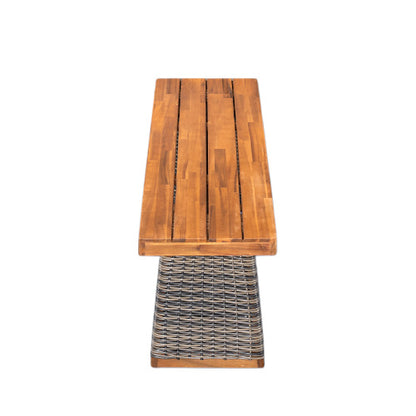 Outdoor 1pcs Acacia Wood Bench,Teak Finish+ Grey Wicker