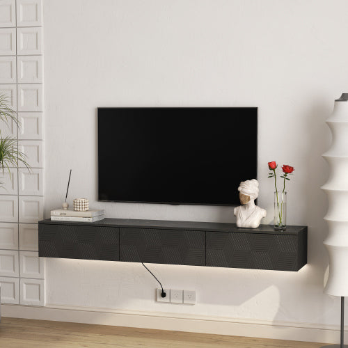 67 Inch Black Wall Floating LED TV Console 16 Color Ambient Light Wall Mount Media Cabinet for 65 Inch TV