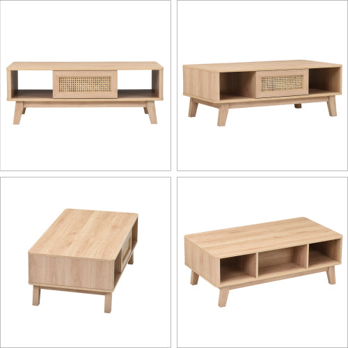 Coffee Table, Mid Century Living Room Tables with Storage, Modern Square with Rattan Drawer, Wooden Living Room Table with Solid Wood Leg