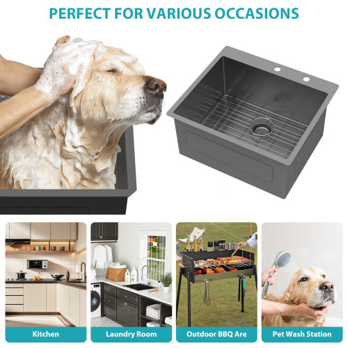 Laundry Sink Drop In - 25" x 22" x 12" Laundry Utility Sink 16 Gauge Stainless Steel Drop In Topmount Gunmetal Black 12 Inch Deep Single Bowl Above Counter Utility Laundry Room Sink Basin