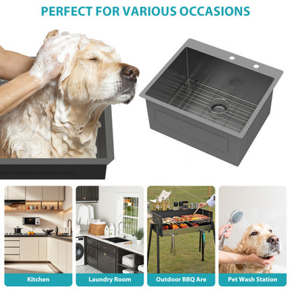 Laundry Sink Drop In - 25" x 22" x 12" Laundry Utility Sink 16 Gauge Stainless Steel Drop In Topmount Gunmetal Black 12 Inch Deep Single Bowl Above Counter Utility Laundry Room Sink Basin