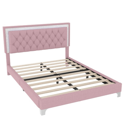 Queen Size Upholstered Bed Frame with LED Lights,Modern Velvet Platform Bed with Tufted Headboard,Pink
