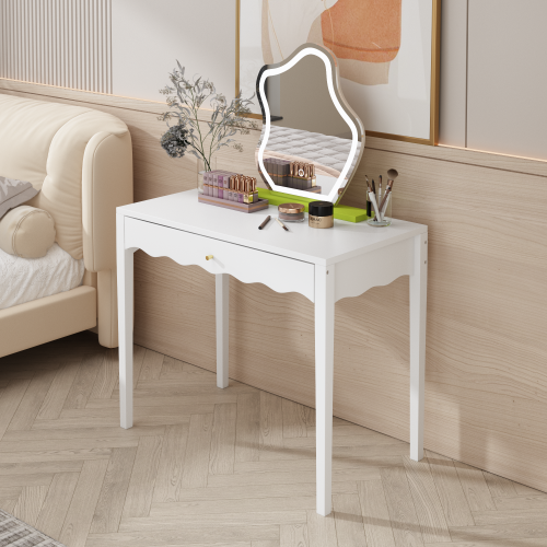 White 35.43inch  Vanity Desk with Drawer ¨C Modern Makeup Table with Scalloped Front & Gold Knob, Compact Writing Desk with 4 Sturdy Legs for Bedroom, Small Home Office & Apartment Spaces