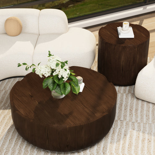 Round Outdoor Indoor Coffee Table Set, Modern Wood Grain Drum Center Table Set, Sturdy MGO (Magnesium Oxide) Waterproof, No-Assembly Table for Patio, Garden, Backyard, Living Room,Brown(Set of 2)