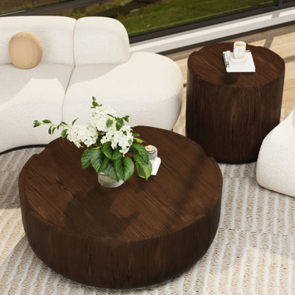 Round Outdoor Indoor Coffee Table Set, Modern Wood Grain Drum Center Table Set, Sturdy MGO (Magnesium Oxide) Waterproof, No-Assembly Table for Patio, Garden, Backyard, Living Room,Brown(Set of 2)