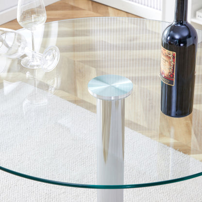 A glass tabletop with a diameter of 35 inches and a modern minimalist circular dining table with electroplated silver metal legs. Suitable for restaurants, living rooms, and conference rooms.