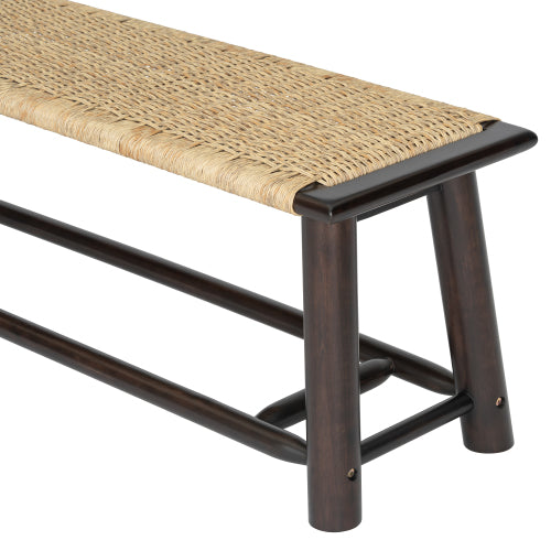 Farmhouse Modern Solid Wood Rattan Bench - 59 Inch Indoor & Covered Outdoor Bench Walnut  Finish Multi-Functional Design