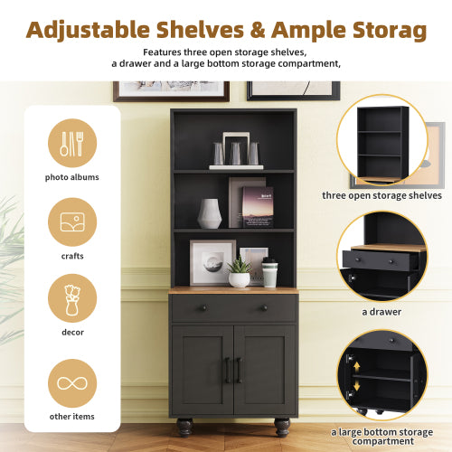 Black Farmhouse Tall Storage Cabinet With Gourd-Shaped Solid Wood Legs