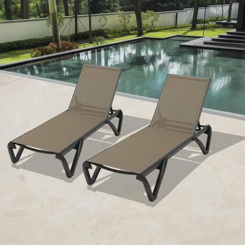 Pool Lounge Chairs Set of 2, Aluminum Patio Chaise Lounge with Wheels, 5 Position Adjustable, All Weather Outdoor Lounge Chairs for Beach, Yard, Balcony, Poolside, Khaki
