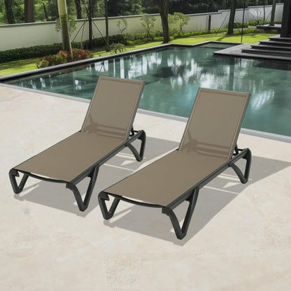 Pool Lounge Chairs Set of 2, Aluminum Patio Chaise Lounge with Wheels, 5 Position Adjustable, All Weather Outdoor Lounge Chairs for Beach, Yard, Balcony, Poolside, Khaki