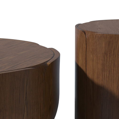 Round Outdoor Indoor Coffee Table Set, Modern Wood Grain Drum Center Table Set, Sturdy MGO (Magnesium Oxide) Waterproof, No-Assembly Table for Patio, Garden, Backyard, Living Room,Brown(Set of 2)
