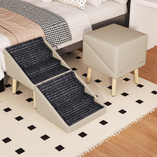 Light Grey 2-in-1 Split Design Wooden Dog Ramp Ottoman 22.83 inch, Non-Slip Pet Stairs for Older Dogs