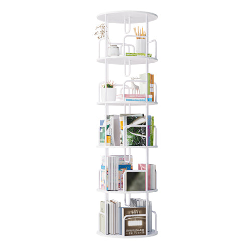 White 5-Tier 360¡ã Rotating Book Tower Vertical Spinning Design Space-Saving Home Living Room Storage Organizer