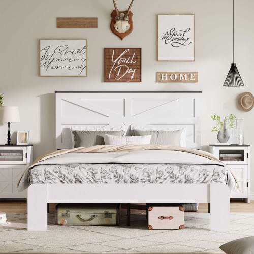 Queen Bed Frame Headboard , Wood Platform Bed Frame , Noise Free,No Box Spring Needed and Easy Assembly Tool,Large Under Bed Storage,White