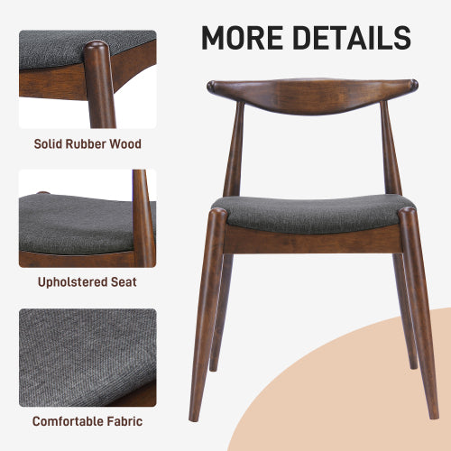 Set of 2 Walnut + Charcoal Retro Rubberwood Dining Chairs, Ergonomic Arched Back TSCA Foam 300lbs Capacity