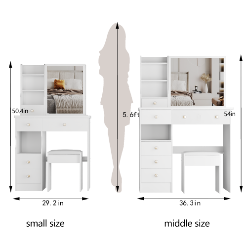 29.2inch  Small Space Left Drawer Desktop Vanity Table + Cushioned Stool, Extra Large Right sliding mirror, Multi Layer High Capacity Storage, Practical Fashionable Dresser, Suitable For Small Space