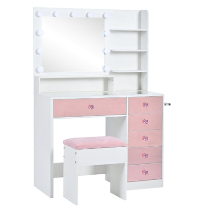 Vanity Desk with Glass Top and 11 Hollywood Bulbs, 3 Color Lighting Modes, Makeup Vanity with Pink Finish Drawers & Shelves, White Vanity Table with Stool for Bedroom