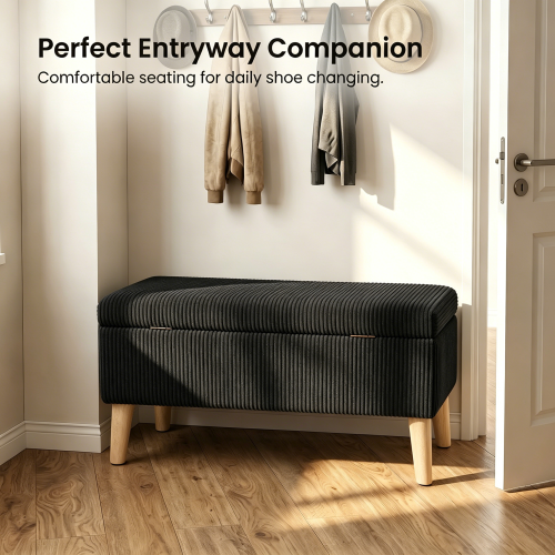 32 inch Corduroy Storage Ottoman Bench with Flip Top & Wood Legs