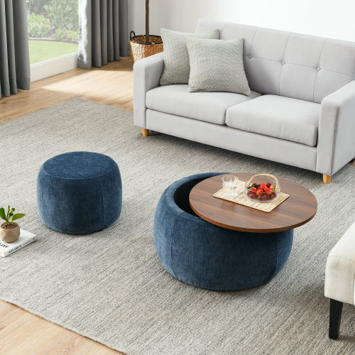 Dark Blue Round Pleated Fabric Storage Ottoman, Includes Matching Small Stool, 250 LBS Load Capacity, 25 inch x25 inch x14.7 inch