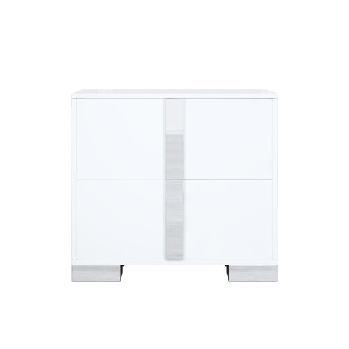 White Mirrored Nightstand with Metal Legs and 2 Drawers