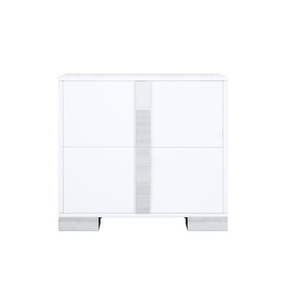 White Mirrored Nightstand with Metal Legs and 2 Drawers