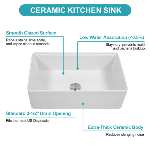 White Kitchen Sink Workstation - 33 x 20 x 10 inch White Porcelain Ceramic Sngle Bowl Kitchen Sink