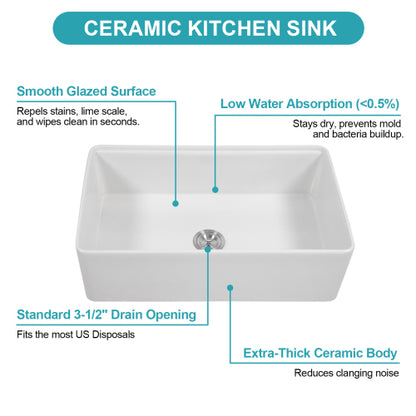 White Kitchen Sink Workstation - 33 x 20 x 10 inch White Porcelain Ceramic Sngle Bowl Kitchen Sink