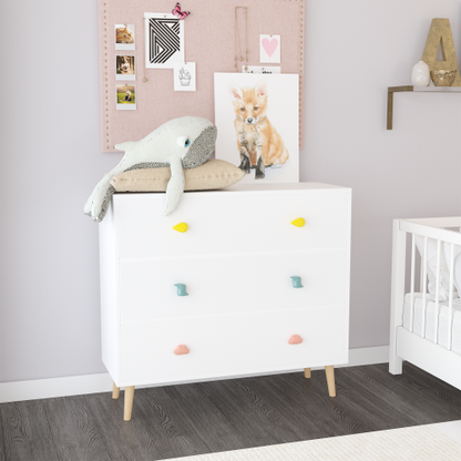 Kids 3 Drawer Dresser, Baby Nightstand Storage Cabinet, White Nursery Chest with Cartoon Pulls for Toddler Bedroom