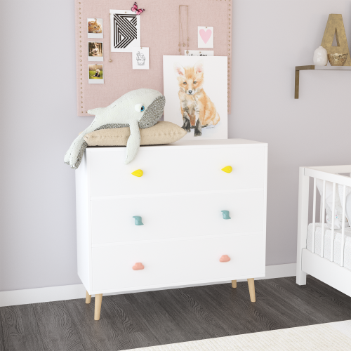 Kids 3 Drawer Dresser, Baby Nightstand Storage Cabinet, White Nursery Chest with Cartoon Pulls for Toddler Bedroom