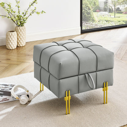 Gray Anti-Scratch Leather Storage Ottoman, Pet-Friendly Bench with Golden Stainless Steel Legs